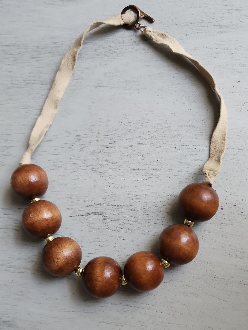 Neutral Brown Wooden Bead And Leather Necklace